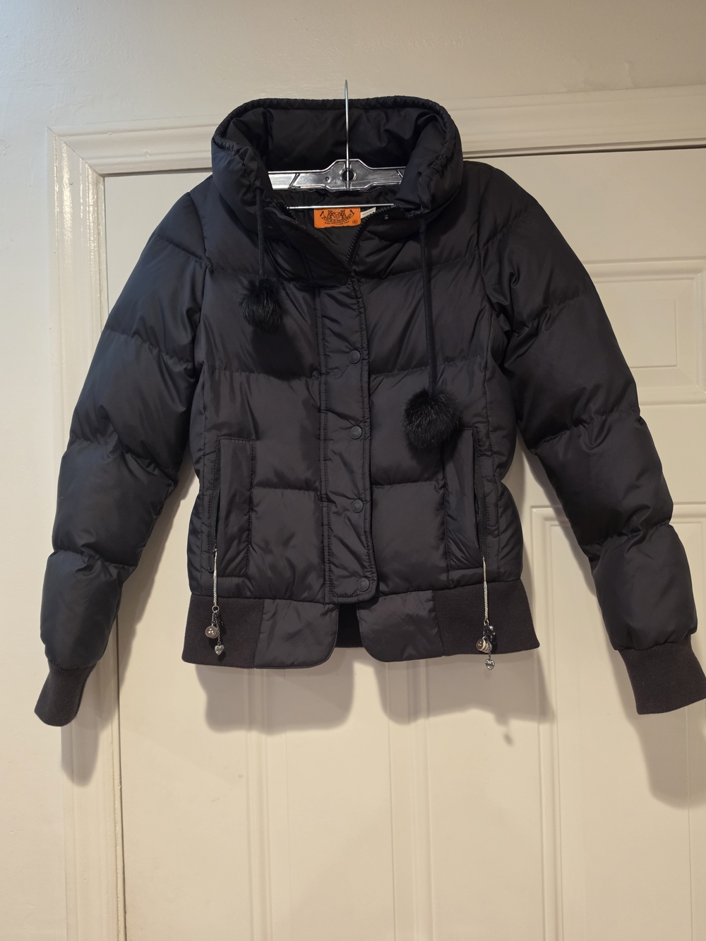 Juicy Couture Black Puffer Jacket with Pom-Tie Hood